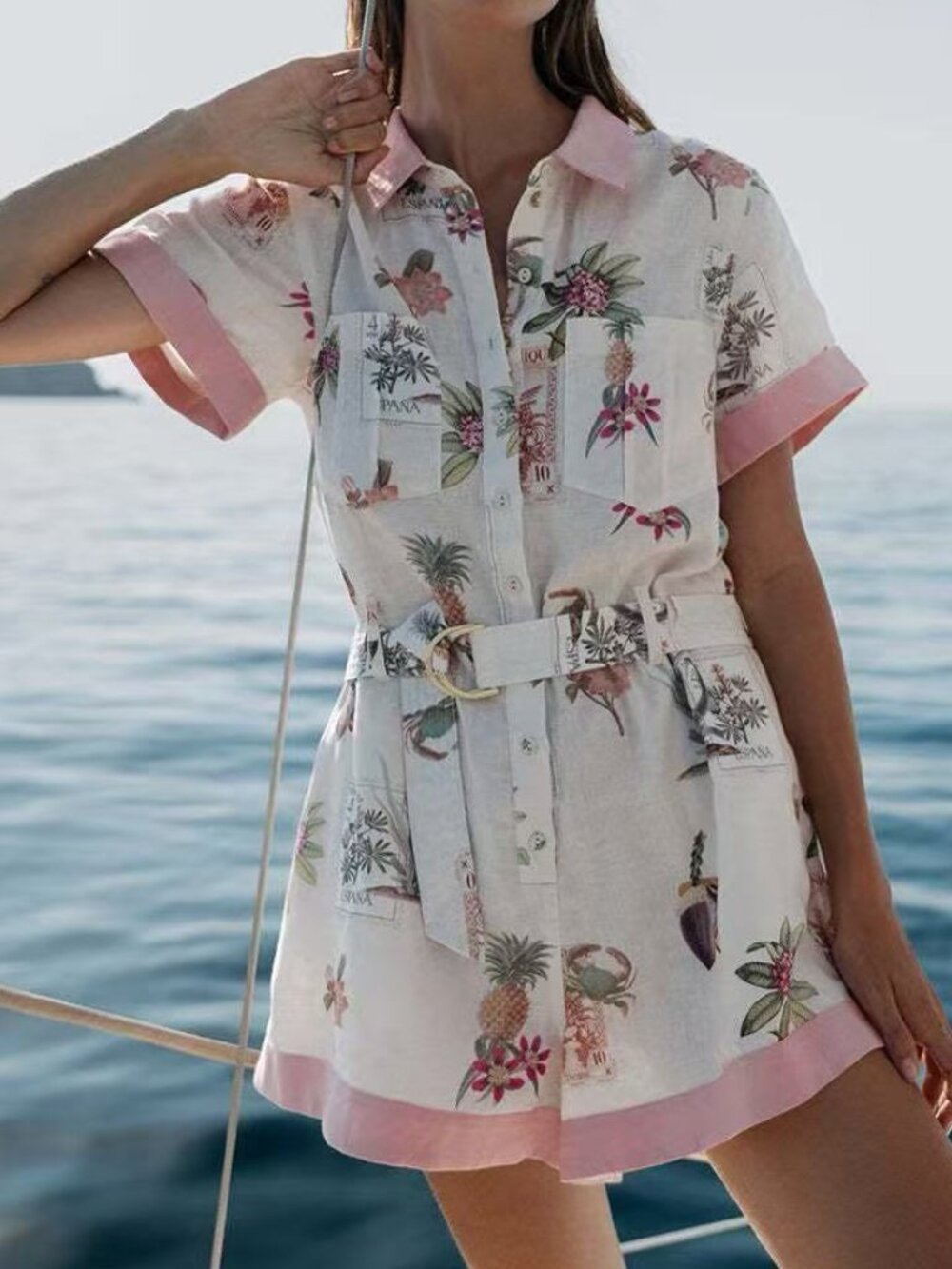 Zimmermann Floral Short-Sleeve Romper with Belt Pink Trim